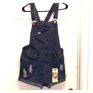 Slightly Distressed Blue Jean Short Overalls